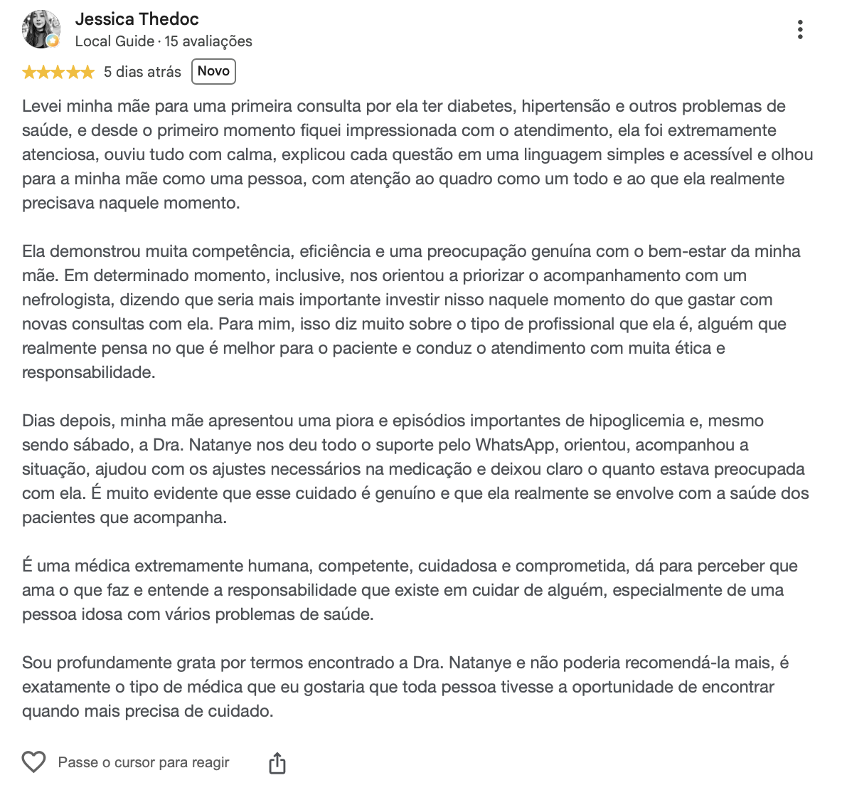 Avaliação de Jessica Thedoc no Google: leu a mãe como pessoa, orientou com ética e deu suporte pelo WhatsApp em episódios de hipoglicemia