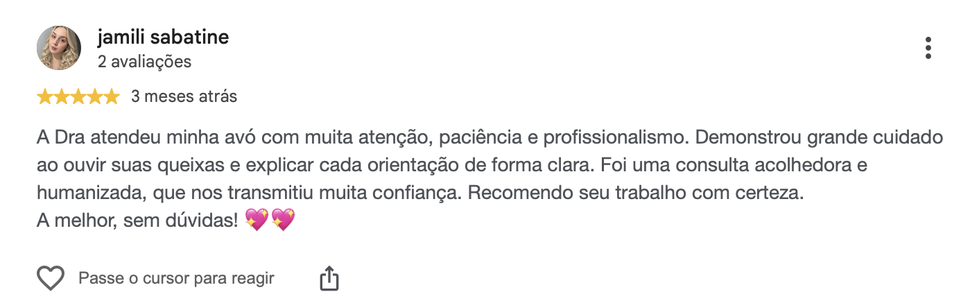 Avaliação de jamili sabatine no Google: consulta acolhedora e humanizada com a avó dela