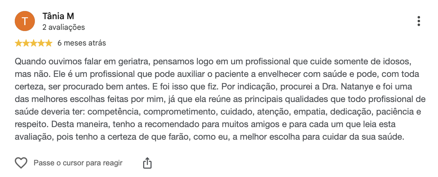 Avaliação no Google: dedicada, atenciosa e paciente, nota 10