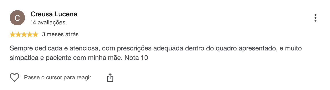 Avaliação no Google: médica competente, cuidadosa, transmite confiança